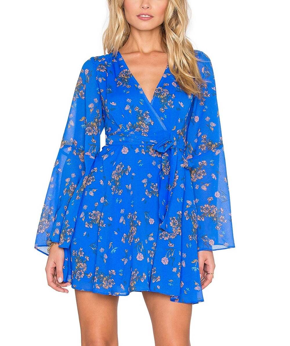 Free People Lilou Cobalt Blue Floral Mini Dress Sheer Bell Sleeve Faux Wrap M